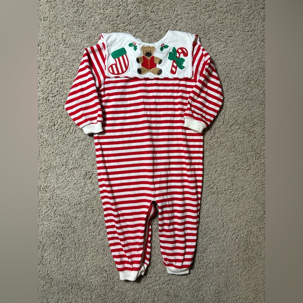 Vintage 24 month Red and White Striped Kids One Piece Christmas outfit